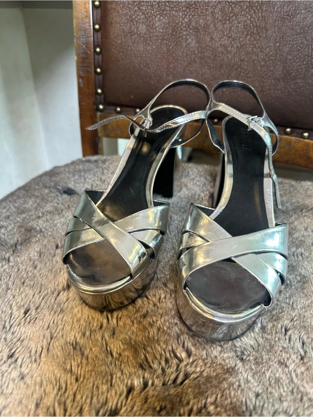 SCHUTZ KEEFA Heels Metallic Silver Disco Strappy Size 10B